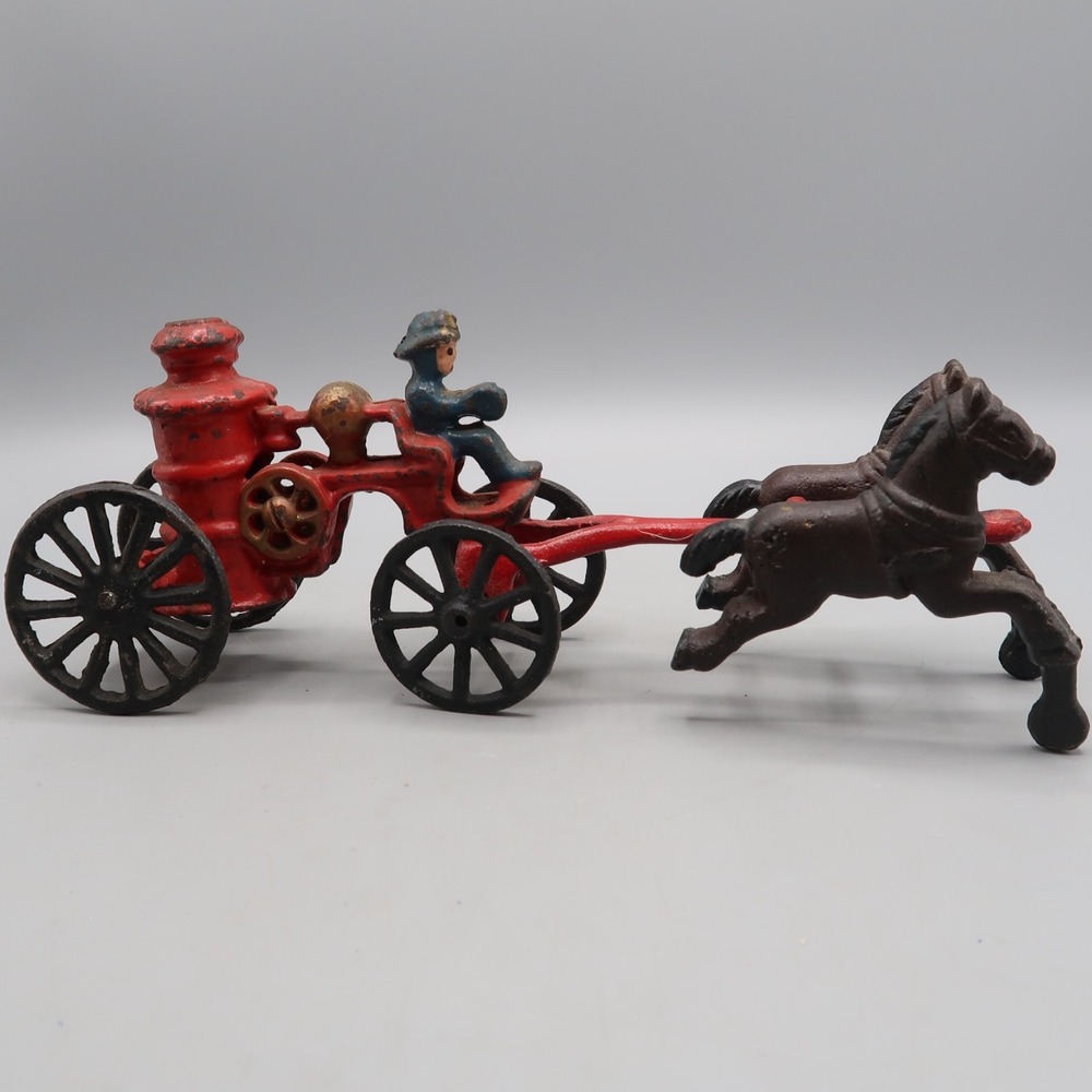 Cast Iron Firefighter Fire Pumper Wagon Horse Drawn Fire Truck Toy Antique 2 pc